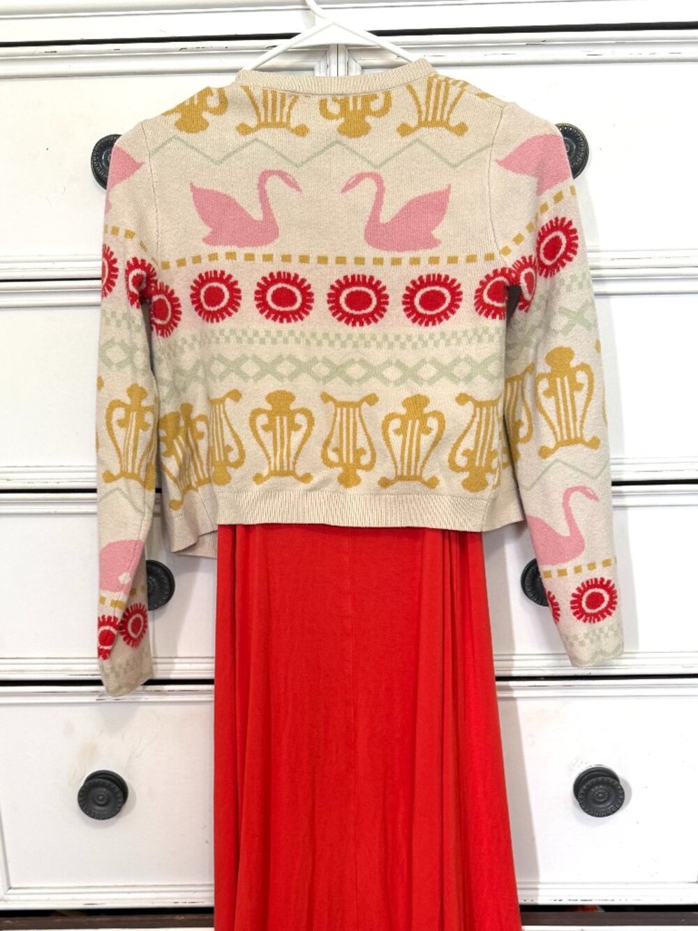 Nicole Miller Coral Red Dress w Swan Cardigan Size Large
